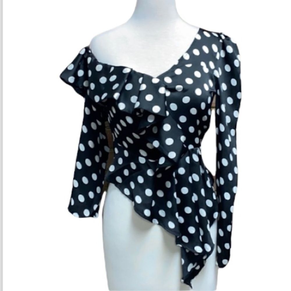 Fanco Black & White Polka Dot Ruffle off shoulder Top Size Small NWT